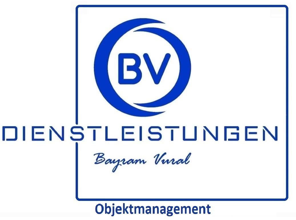 Logo: Blauer Kreis mit „BV“ darin, umgeben von einem quadratischen Rahmen, darunter der Text „DIENSTLEISTUNGEN“, darunter der Text „Bayram Vural“.